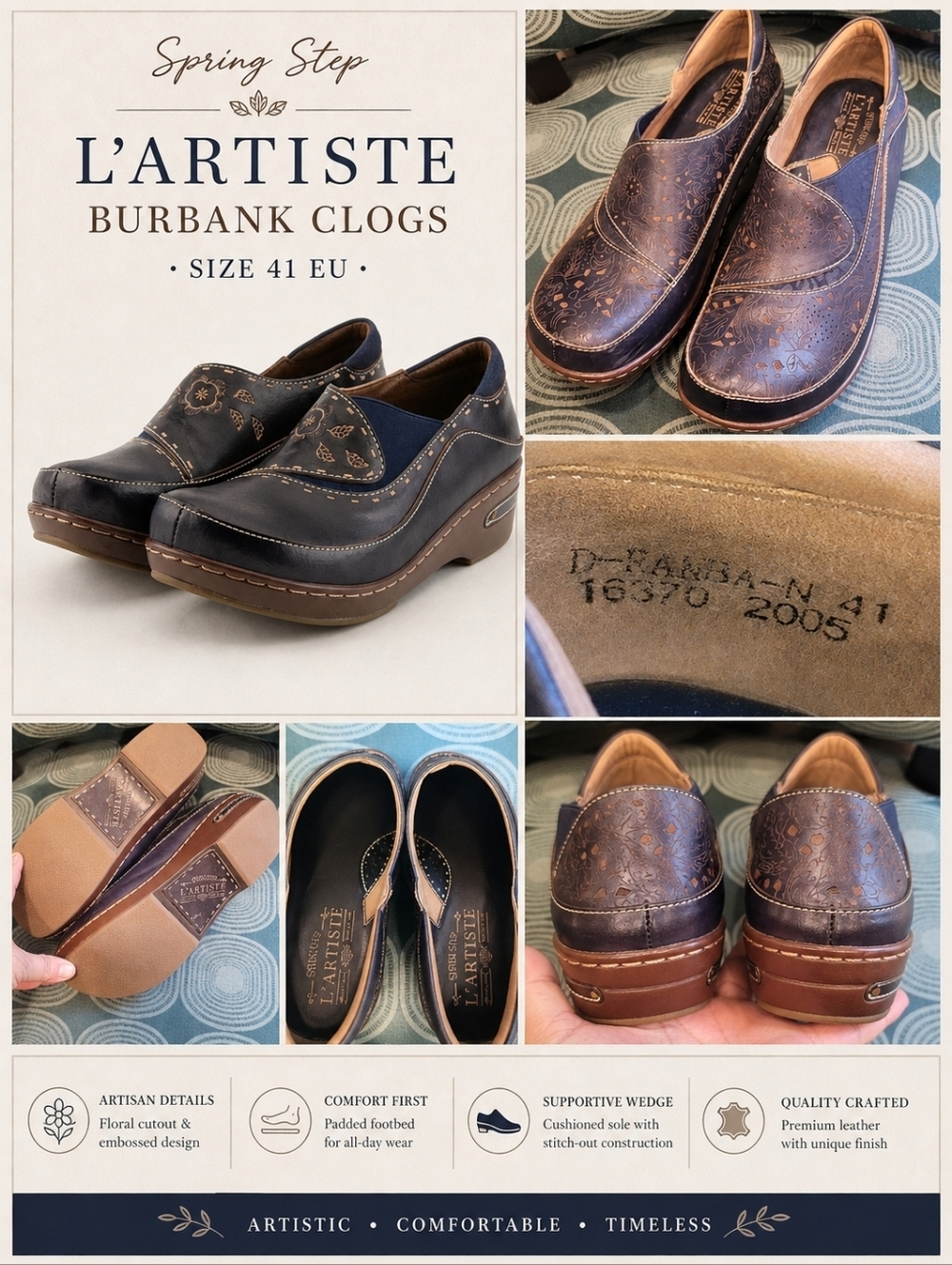Sz 41 ( Sz 10-10.5 US) EU Navy Indigo Spring Steps L'Artiste Burbank Clogs